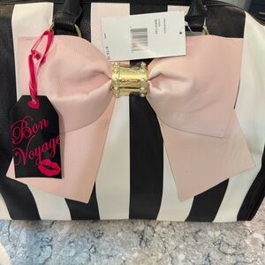 Betsey Johnson Striped Weekend Travel Bag with Pink Bow Blush Black White